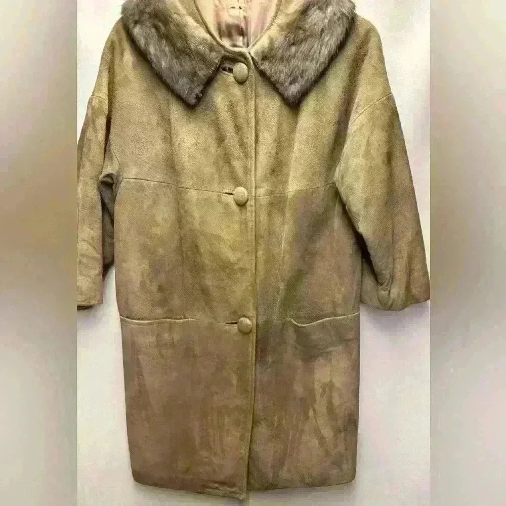 Vintage 1940s 50s Unmarked Suede Leather Coat with Detachable Fur Collar No Size - Picture 4 of 12